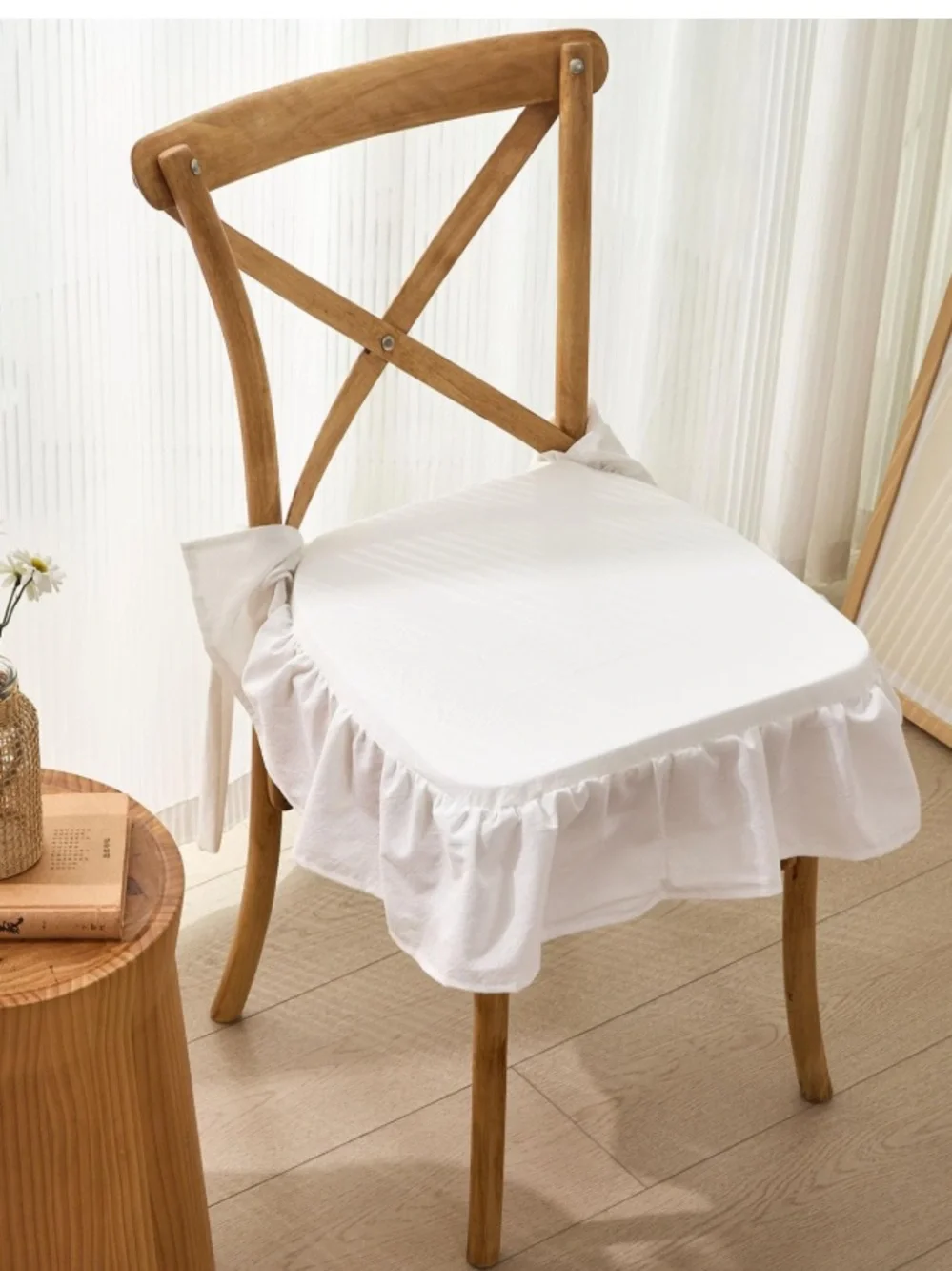 Farmhouse Neutral Thin Chair Cushion with Removable Ruffle Cover 16x16” WHITE